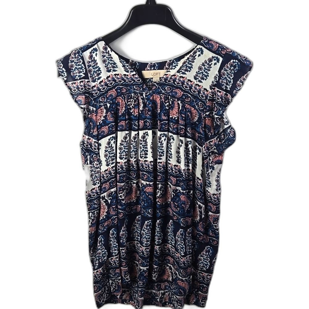 LOFT Blue Multicolor Pullover Floral V Neck Sleeveless Tops Shirt Sz XS Boho